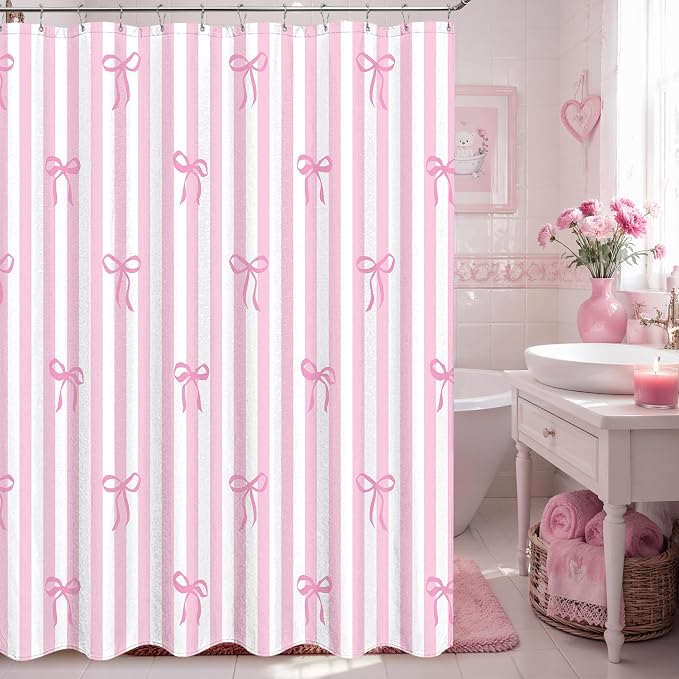 Tititex Cute Candy Cane Striped Pink Bow 140gsm Faux Linen Fabric Shower Curtain, White Pink Elegant Classic Shower Curtain Sets Decoration 72x72 Inch with Hooks