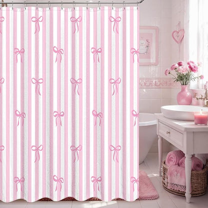 Tititex Cute Candy Cane Striped Pink Bow 140gsm Faux Linen Fabric Shower Curtain, White Pink Elegant Classic Shower Curtain Sets Decoration 72x72 Inch with Hooks