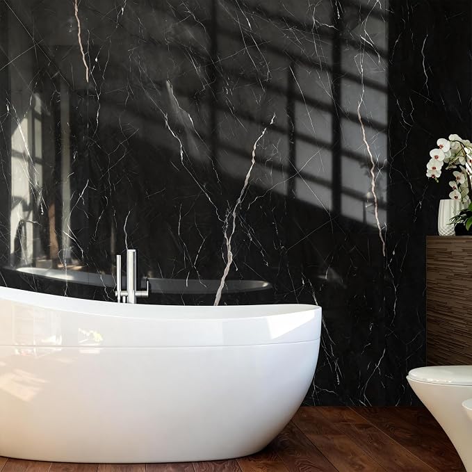 Marble Peel and Stick Waterproof Wall Paneling, 118" x 47" Black Marquina Glossy Finish Self-Adhesive Backsplash Tile Vinyl Wall Panel for Kitchen Bathroom Wall Decor, Covers 38.75 Sq. Ft.