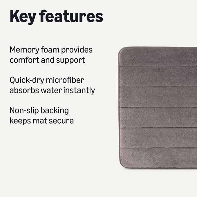 Amazon Basics Bath Mat for Bathroom, Absorbent Plush Memory Foam, Fast Dry Microfiber, Non-Slip, 17 x 24 Inches, Dark Gray