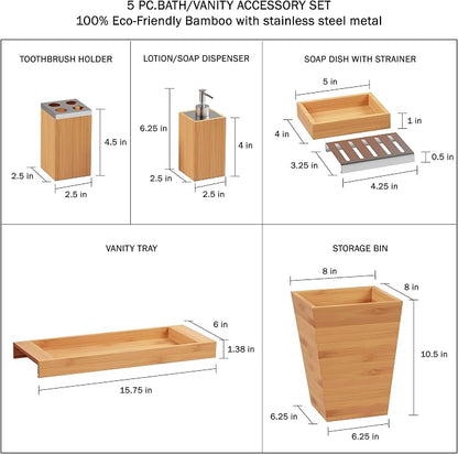 Lavish Home 5-Piece Bathroom Decor Set - Bamboo Bathroom Accessories with Trash Bin, Soap Dish, Soap Dispenser, Toothbrush Holder, and Tray (Natural)