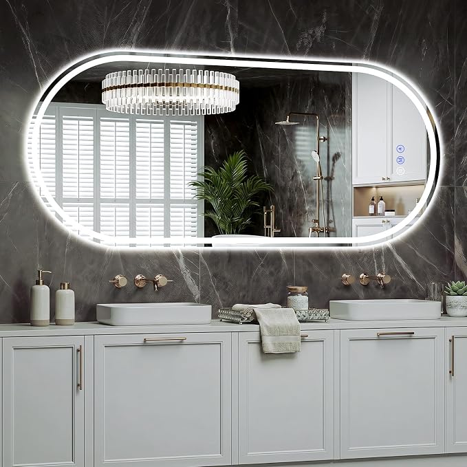Oval LED Bathroom Mirror, 20"x 48" Frameless Lighted Mirror | LED Mirror with Front Light & Backlit, Anti-Fog, Dimmable Wall Mounted Lighted Mirror, Pill-Shaped Smart Bathroom Mirror