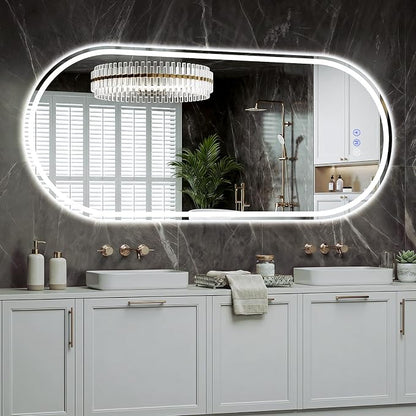 Oval LED Bathroom Mirror, 20"x 48" Frameless Lighted Mirror | LED Mirror with Front Light & Backlit, Anti-Fog, Dimmable Wall Mounted Lighted Mirror, Pill-Shaped Smart Bathroom Mirror