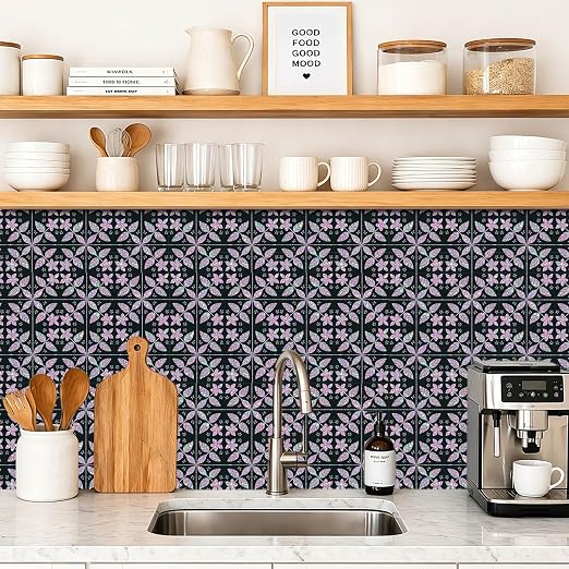 Purple Sparkle Floral Peel and Stick Floor Tiles 12x12 Inch 10PCS | Purple Printed Sparkle Floral self adhesive PVC vinyl tiles for kitchen bathroom entryway and indoor home decor