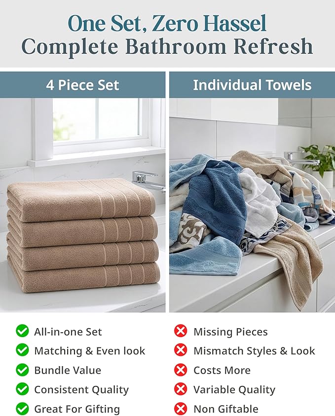 Casa Platino 100% Cotton Bath Towels Set of 4 (30"x60") - Ringspun Cotton Bathroom Towel Sets - Quick Dry, Very Soft & Absorbent Large Shower Towels for Bathroom - Sustainabaly Produced - Tawny Brown