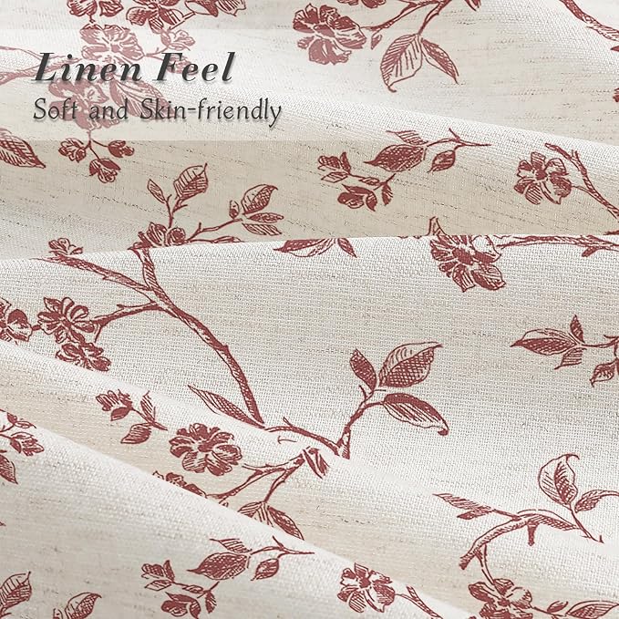 MitoVilla Burgundy Linen Floral Shower Curtain for Bathroom, 72 x 72 | Burgundy BoHo Cottagecore Spring Shower Curtains, Modern Farmhouse Country Plant Leaves Bathroom Décor, 72 x 72
