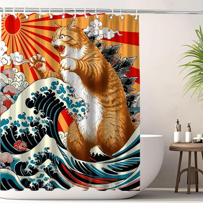 Funny Japanese Cat Shower Curtain, Vintage Orange Cat Japan Anime Ocean Wave Waterproof Shower Curtain with Hooks, Funky Animal Sun Fabric Shower Curtains Kids Bathroom Decor 60X72inches