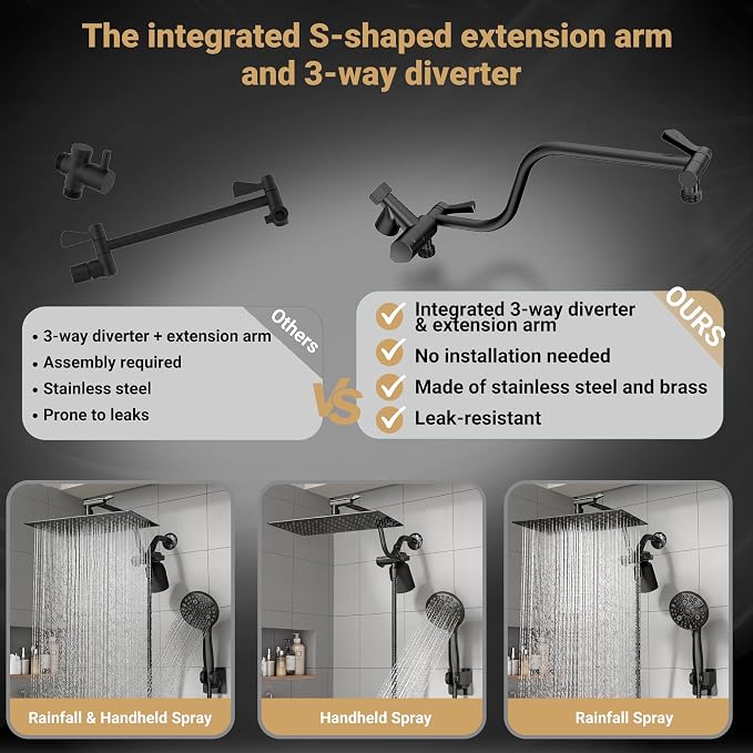 Filtered Shower Head with Handheld, 11.8" Rain Shower Head, High Pressure | 10-Function Spray Options, Adjustable Extension Arm, Secure Adhesive Holder, Easy Installation, Stainless Steel-Black Finish