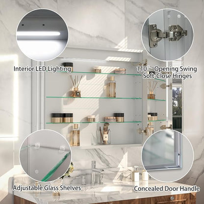 LED Bathroom Medicine Cabinet with Mirror, 36"x30" Anti-Fog Smart Mirror Cabinet, UPVC Waterproof Vanity Cabinet Recessed/Surface, Adjustable Shelves, 3-Color Dimmable, Motion Sensor, DTC Hinges