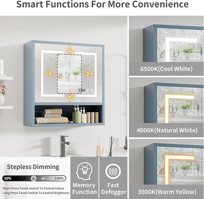 Bathroom Medicine Cabinet with Mirror, Lighted Storage Cabinet Wall Mounted with Doors & Adjustable Wood Shelf, Modern Bathroom Mirror with LED Lights Defogger for Makeup Laundry/Living Room, Grey