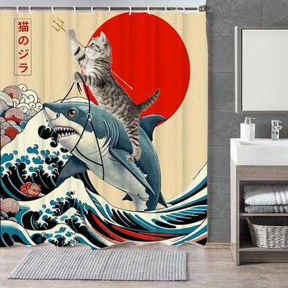 Funny Japanese Cat Shower Curtain, Vintage Cat Riding Shark Japan Anime Sunset Wave Waterproof Shower Curtain with Hooks, Animal Fabric Shower Curtains Bathroom Decor 72X72inches
