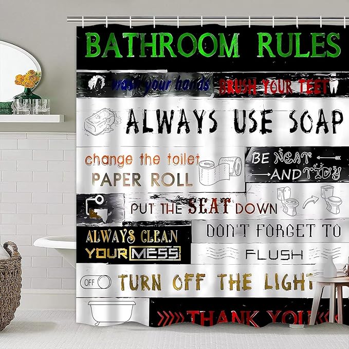 AZHM Letter Plank Pattern Shower Curtain Set for Bathroom 4 Pcs Black Bathroom Accessory Decor Sets with Shower Curtain and Rugs