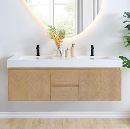 60 Inch Floating Sink Bathroom Vanity Wall Mount Double Vanities Overflow Mordern Large Storge Cabinet with Ceramic Countertop Double Soft Closing Drawers Pre-Assembled