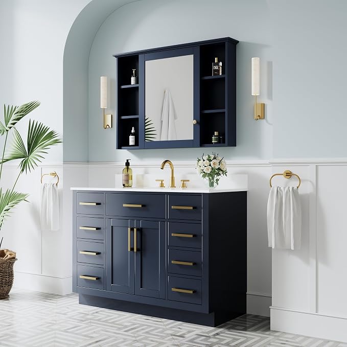 48-Inch Bathroom Vanity with Sink W/ 2 Doors & 8 Drawers & 1 Flip Drawer, Navy Blue Vanity W/Brushed Gold Handles