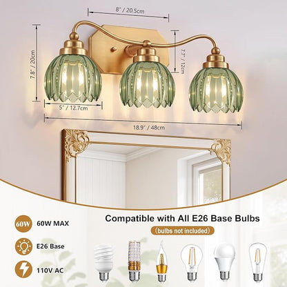 Vintage Gold Vanity Lights, 3 Light Tulip Crystal, Antique Brass Finish | Brushed Gold Bathroom Light Fixtures, Green Wall Sconce Ideal for Bedroom, Living Room, E26 Compatible, Easy Install