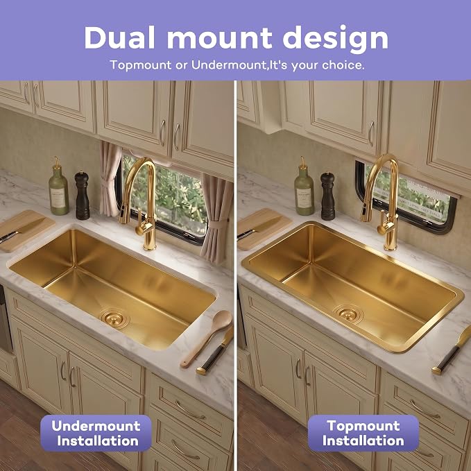 Kitsitchen Gold RV Ktichen Sink, 16 Gauge T304 Stainless Steel Undermount Kitchen Sinks with Strainer & Bottom Gird, 27" x 16" x 7" Single Bowl Drop in Kitchen Sinks Used at RV, Outdoor,Bathroom