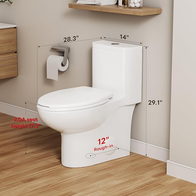 Sonderzone Elongated One Piece Toilet for Bathroom, Modern 17.3" ADA Comfort Height Design, Soft Closing Seat, High Efficiency Dual Flush (1.1/1.6 GPF), 12" Rough-In, MAP 1000g, White Toilet Bowl