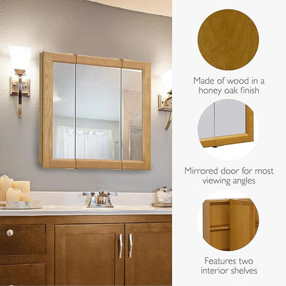 Design House 24 Inch Bathroom Medicine Cabinet, Wall Mount, Mirrored, Honey Oak, 545277-HOK