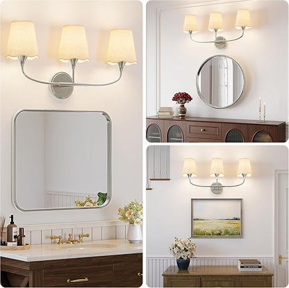 Morauroral Bathroom Light Fixtures Over Mirror, 3 Light Vanity Light for Bathroom, Brushed Nickel Vanity Light Fixtures with Fabric Linen Shade, E26 Socket Sconce Wall Decor(ETL Listed)