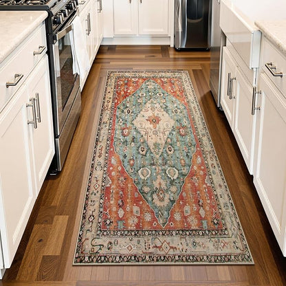 Lahome Boho Tribal 2x4.3 Washable Rug Runners for Hallways Non Slip, Kitchen Bathroom Entryway Carpet Runner, Bohemian Faux Wool Low-Pile Throw Doormat for Laundry Entrance (Rust/Dull Teal,2x4.3ft)