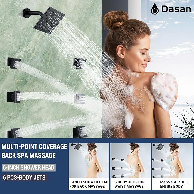 Dasan Thermostatic Dual Shower Head System with 6 Body Jets, 6-Inch Shower Head & 16” Rainfall Shower, Luxury Matte Black Shower Faucet Set Rain Shower Head System for Couples/ 2-Person