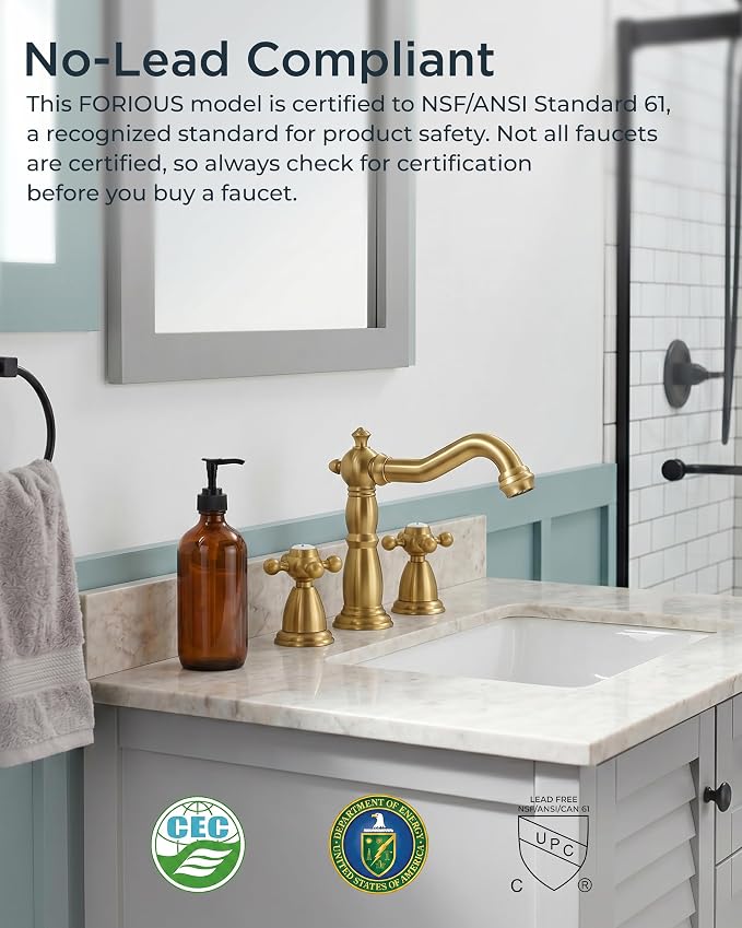 FORIOUS Bathroom Faucet 3 Hole Vintage 8 inch Widespread Sink Brushed Gold | 6-12 inch 3-hole Install, 2 Cross Handle Antique Bathroom Sink Faucet for Vanity RV Farmhouse with Drain and Supply Lines