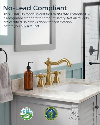 FORIOUS Bathroom Faucet 3 Hole Vintage 8 inch Widespread Sink Brushed Gold | 6-12 inch 3-hole Install, 2 Cross Handle Antique Bathroom Sink Faucet for Vanity RV Farmhouse with Drain and Supply Lines