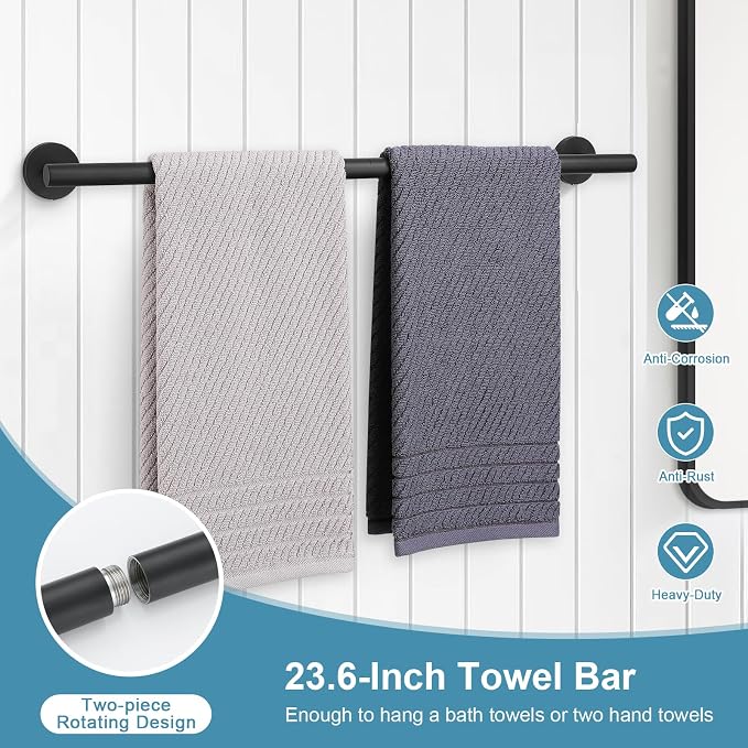 TQKAG 8-Pieces Bathroom Hardware Set, Matte Black Bath Towel Bar Set 23.6" | Towel Racks for Bathroom Wall Mounted, SUS304 Stainless Steel, Towel Bar Set Include Paper Holders, Towel Rings, Towel Hooks
