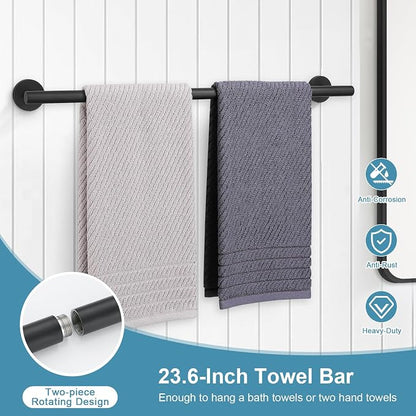 TQKAG 8-Pieces Bathroom Hardware Set, Matte Black Bath Towel Bar Set 23.6" | Towel Racks for Bathroom Wall Mounted, SUS304 Stainless Steel, Towel Bar Set Include Paper Holders, Towel Rings, Towel Hooks
