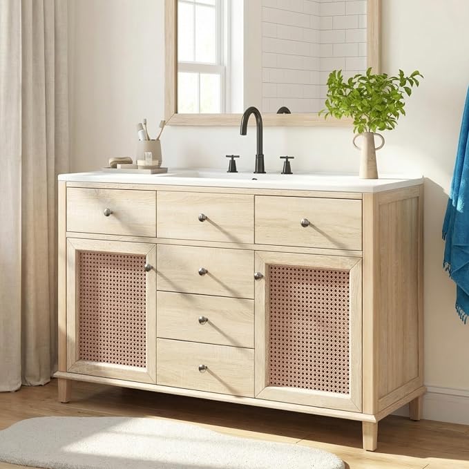 48-Inch Natural Rattan Bathroom Vanity with Ceramic Sink, Bathroom Storage Cabinet with Solid Wood Frame, Drawers &Rattan Doors, Soft-Close,Space Saving Vanity Sink for Bathroom