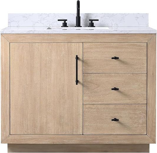 HOMEBEYOND 42 Inch Bathroom Vanity with Single Sink & Ceramic Top, MDF Material Vanity Cabinet with Basin Combo, Soft-Closing Doors, Removable Shelf, Backsplash
