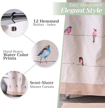 Maison d' Hermine Shower Curtain 100% Cotton One Panel 70"x72" Washable Fabric Shower Curtains for Bathroom, Easy Hanging with 12 Button Holes - Home Hotel Spa Easter Gifts (Birdies on Wire)