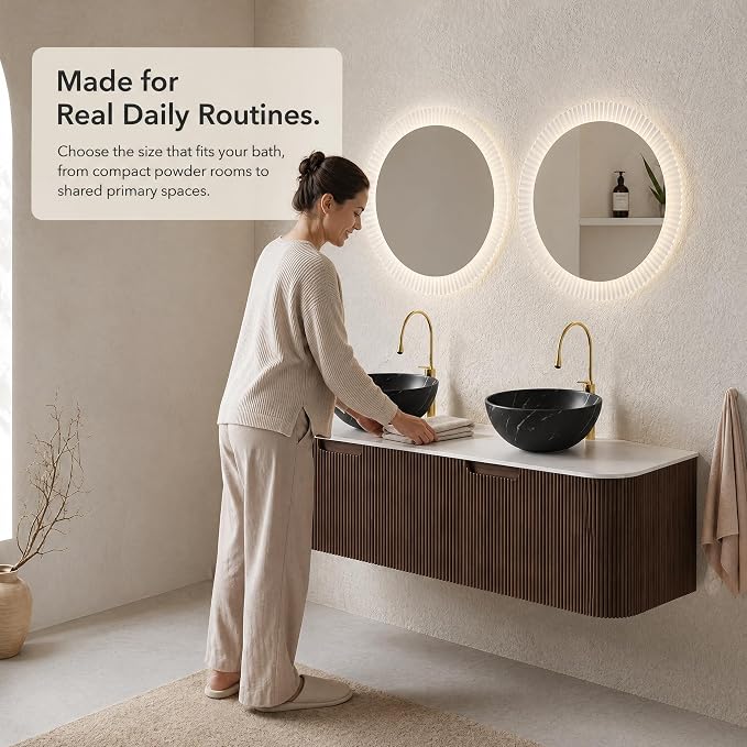 60 Inch Double Sink Bathroom Vanity, Floating Wall Mounted Cabinet, Dark Walnut Curved Fluted Front, Stone Top, Dual Black Marble Vessel Basins, Pre-Assembled