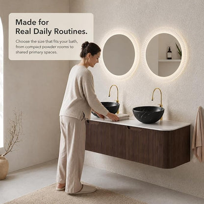 60 Inch Double Sink Bathroom Vanity, Floating Wall Mounted Cabinet, Dark Walnut Curved Fluted Front, Stone Top, Dual Black Marble Vessel Basins, Pre-Assembled