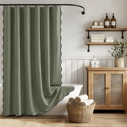 ANRODUO Olive Green Scalloped Linen Textured Shower Curtain, W72 x L80 | Boho Farmhouse Shower Curtain with 12 Metal Hooks, Machine Washable Waterproof Heavy Duty Fabric for Bathroom Bathtub