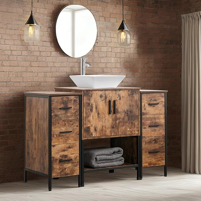 UEV 48" Antique Bathroom Vanity, Dark Brown Bathroom Vanity Set with Sink and 3 Drawers Side Cabinet Combo, Iron Wood Bathroom Cabinet with Adjustable Water Temperature Faucet (A07)