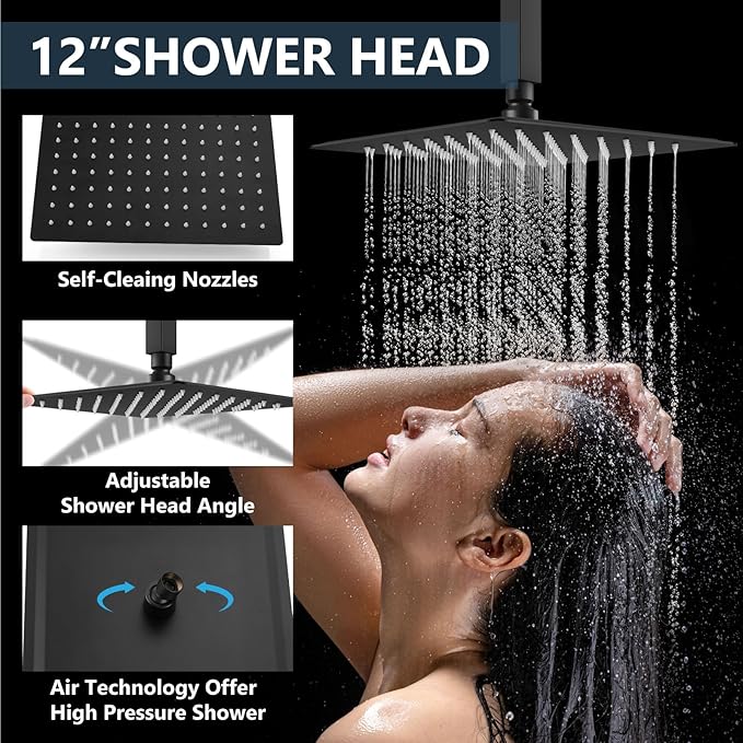 Aolemi Shower Faucet Set Ceiling Mount Shower System Rough-in Valve and Shower Trim Kit 2 in 1 Handheld Spray Push Button Diverter 12 and 6 Inch Dual Shower Head Matte Black