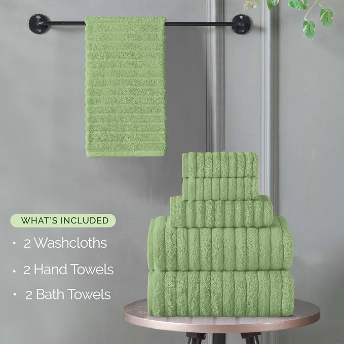 Elegant Comfort 100% Turkish Cotton Corduroy Ribbed Luxury Bath Towels 6-Piece Set, Premium Feel - Quick Dry, Highly Absorbent, Contains 2 Bath Towels, 2 Hand Towels, and 2 Washcloths, Sage