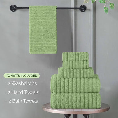 Elegant Comfort 100% Turkish Cotton Corduroy Ribbed Luxury Bath Towels 6-Piece Set, Premium Feel - Quick Dry, Highly Absorbent, Contains 2 Bath Towels, 2 Hand Towels, and 2 Washcloths, Sage
