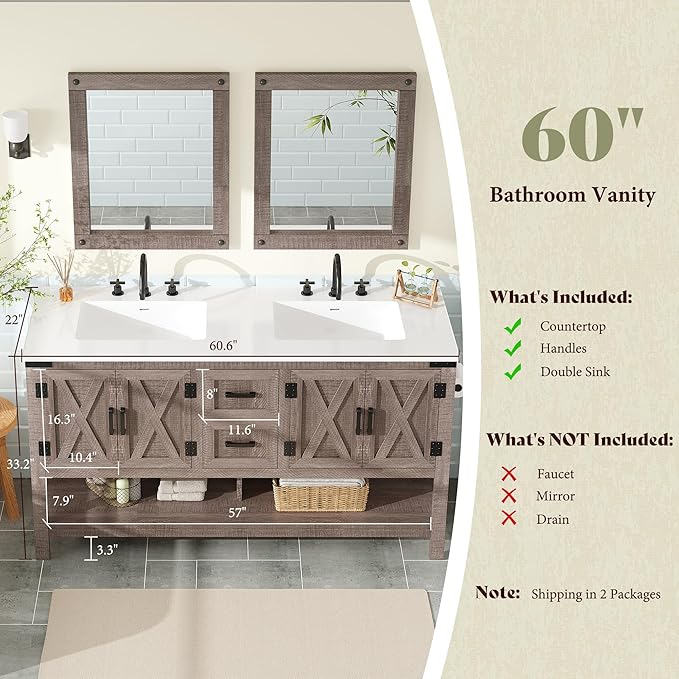 AMERLIFE 60” Farmhouse Bathroom Vanity with Double Sink, Freestanding Cabinet with 2 Drawers, 4 Barn Doors & Open Shelf, Rustic Storage for Master or Family Bathroom, Light Gray