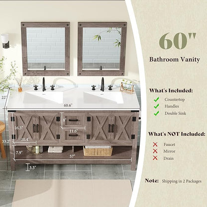 AMERLIFE 60” Farmhouse Bathroom Vanity with Double Sink, Freestanding Cabinet with 2 Drawers, 4 Barn Doors & Open Shelf, Rustic Storage for Master or Family Bathroom, Light Gray