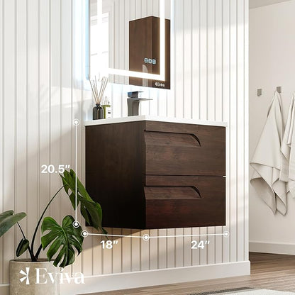 Eviva Joy 24 in. Rosewood Wall MountSingle Sink Bath Vanity with Porcelain Top and Integrated Sink