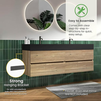 60" Floating Bathroom Vanity with Sink Combo, Modern Floating Double Sink Bathroom Vanity with Black Engineered Stone Tops & 4 Soft-Closing Drawers, Large Storage for Apartment, Hotel, Rough Oak