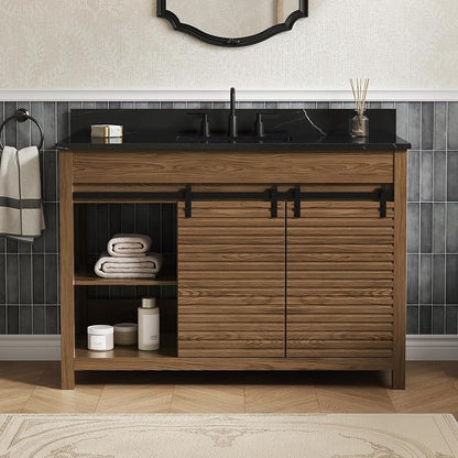 48 Inch Farmhouse Bathroom Vanity with Sink, Walnut | Pre Assembled Freestanding Bathroom Sink Cabinet, Sliding Barn Doors & Soft-Closing Drawers, Single Sink, Adjustable Feet