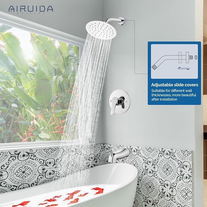 Airuida Shower Faucet Set with Tub Spout,6" Bathtub Faucet-Chrome Polish | Male Threads Rough-In Valve,Round Head Shower System,Tub and Shower Kit Set