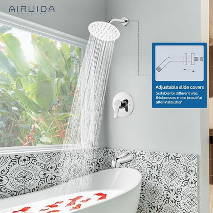 Airuida Shower Faucet Set with Tub Spout,6" Bathtub Faucet-Chrome Polish | Male Threads Rough-In Valve,Round Head Shower System,Tub and Shower Kit Set