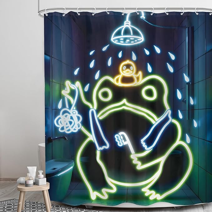 LGhtyro Funny Frog Shower Curtain Bathroom Set 60Wx71H Inches Japanese Minimalist Cool Asian Traditional Neon Aesthetic Animal Bath Accessories Cute Art Home Decor Fabric 12 Pack Hooks