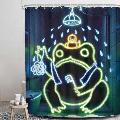 LGhtyro Funny Frog Shower Curtain Bathroom Set 60Wx71H Inches Japanese Minimalist Cool Asian Traditional Neon Aesthetic Animal Bath Accessories Cute Art Home Decor Fabric 12 Pack Hooks