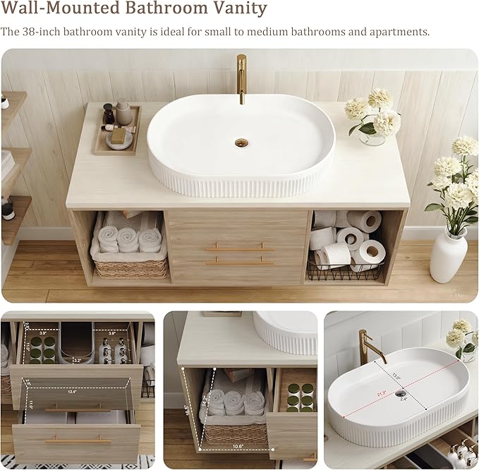 38.2 inch Modern Floating Bathroom Vanity with Sink, Wall Mounted Bathroom Cabinet with Oval Fluted Ceramic Sink, Pure White Counter Top, 2 Soft Closing Drawers & Open Storage Shelf