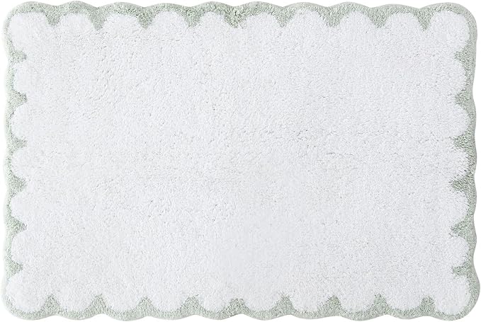 Peri Home Scalloped Bath Rug - Soft & Absorbent 100% Cotton Tufted Bath Mat, 20" x 30", White with Sage Scallop | Soft & Absorbent, Cotton Tufted, Mat, Scallop